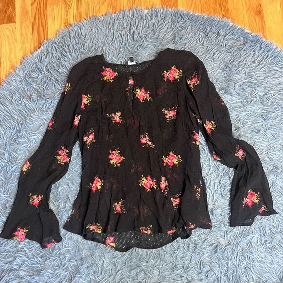Lucky Brand Boho Floral Print Clip Dot Top Black Pink Size M - Picture 2 of 8